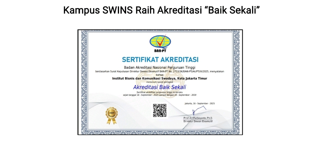 Sertifikat akreditasi BAN-PT untuk SWINS
